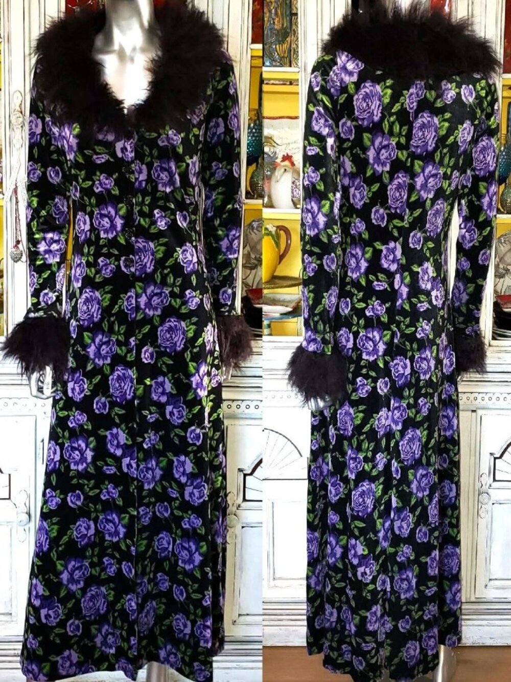 Betsey Johnson Black Velvet Floral Faux Fur Duster Opera Coat Long Dress Jacket